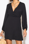 Relaxed Fit Wrap Front Long Sleeves Mini Dress in Black