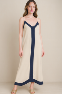 Relaxed Fit Cami Midi Dress in Beige and Navy