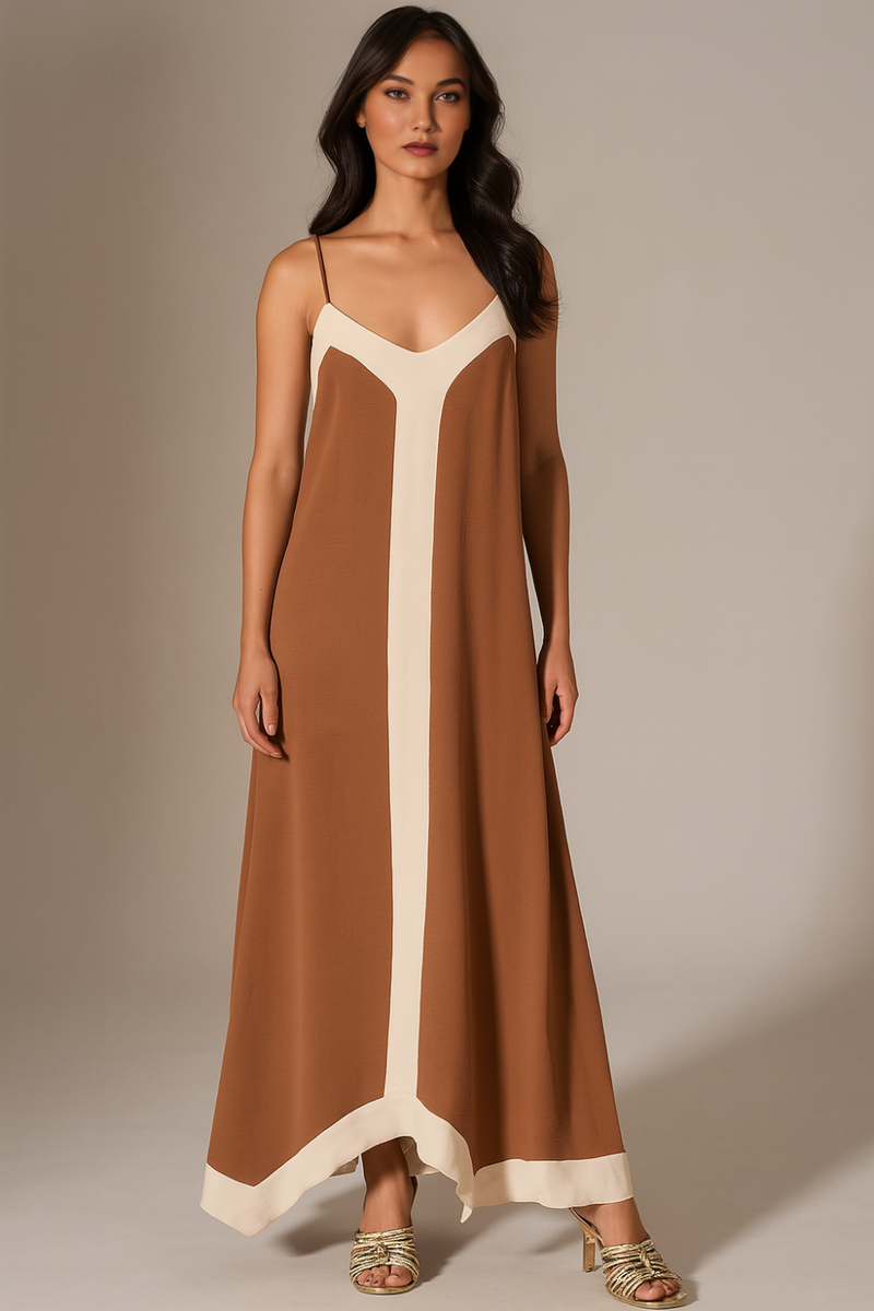 Relaxed Fit Cami Midi Dress in Brown and Beige