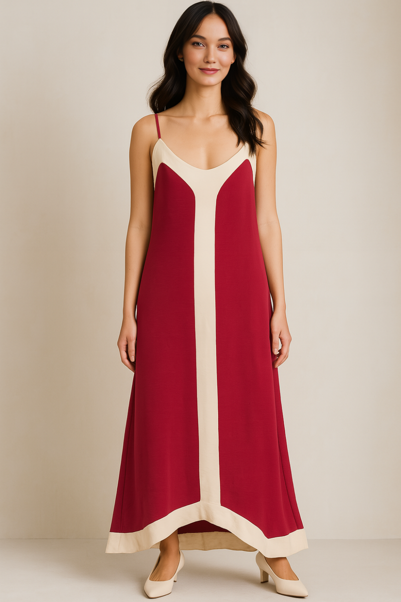 Relaxed Fit Cami Midi Dress in Burgundy and Beige
