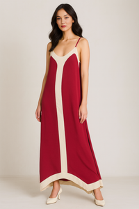 Relaxed Fit Cami Midi Dress in Burgundy and Beige