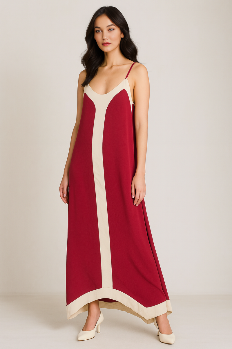Relaxed Fit Cami Midi Dress in Burgundy and Beige