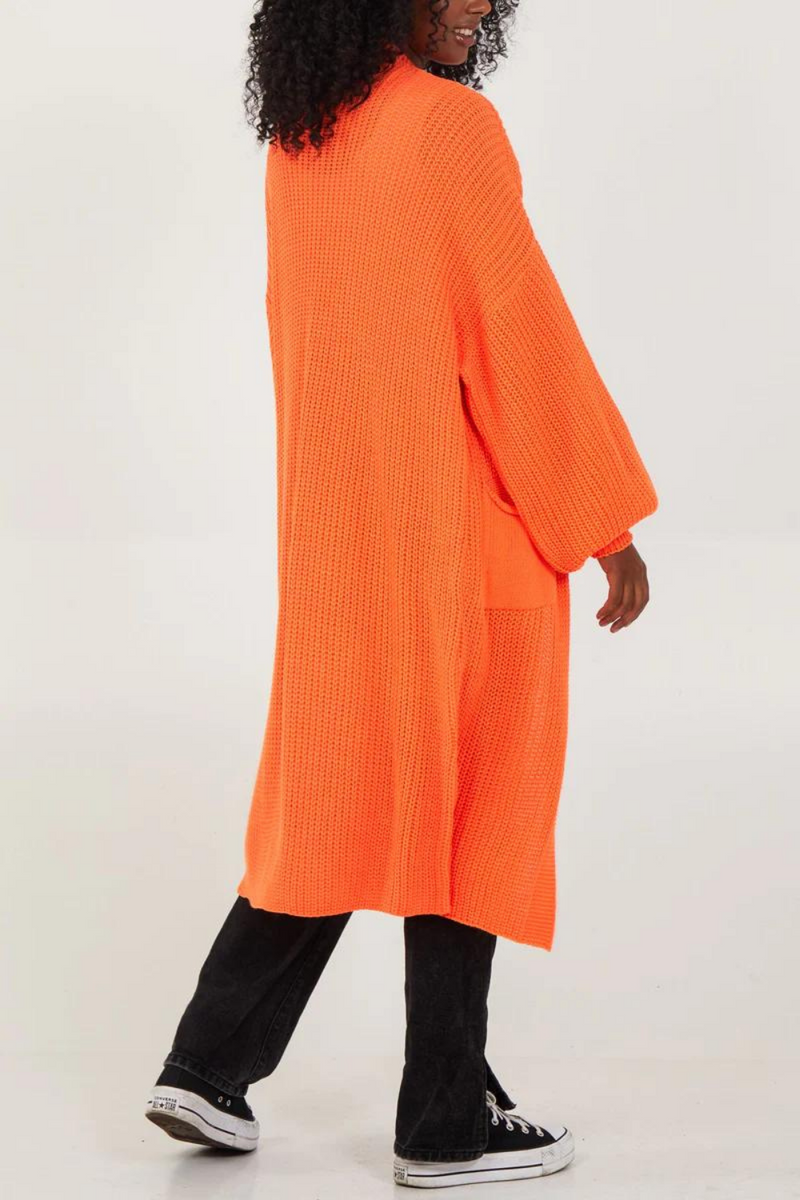 Oversized Long Sleeves Midi Knitted Cardigan with Pocket Details in Orange