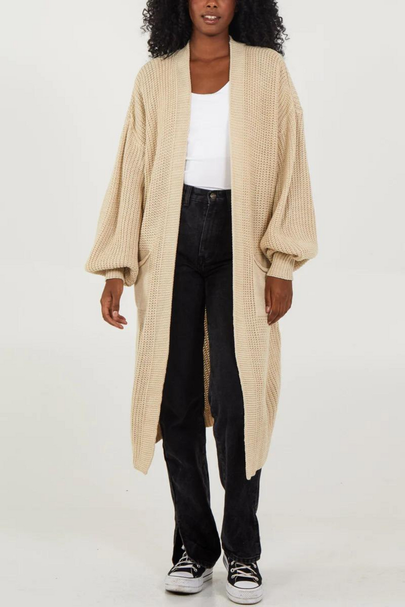 Oversized Long Sleeves Midi Knitted Cardigan with Pocket Details in Stone