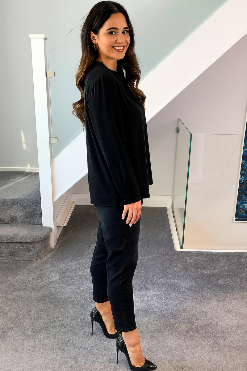 Oversized Detailed Neck Top with Long Sleeves in Black