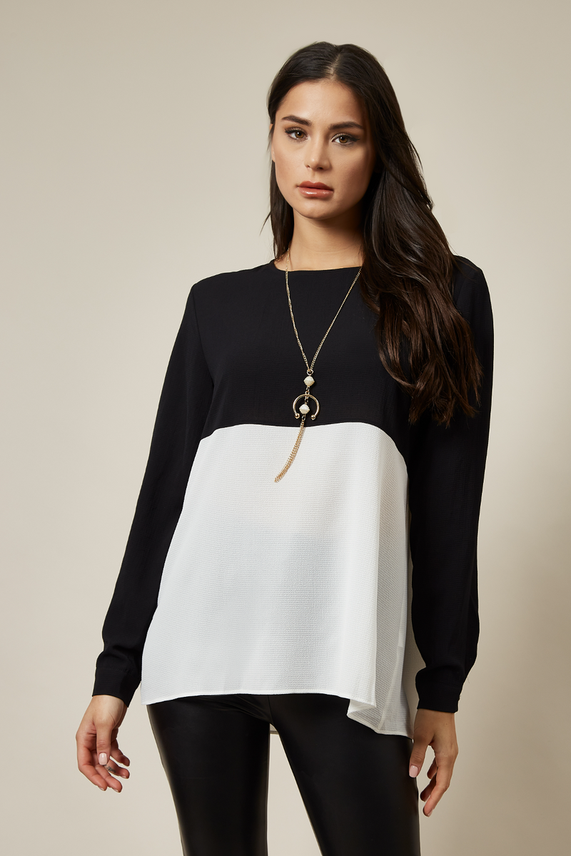 Long Sleeve Relaxed Fit Block Top With Necklace In Black And White