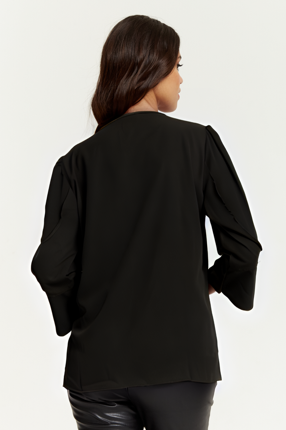 Long Sleeves Detailed Cuff Blouse with V Neck in Black
