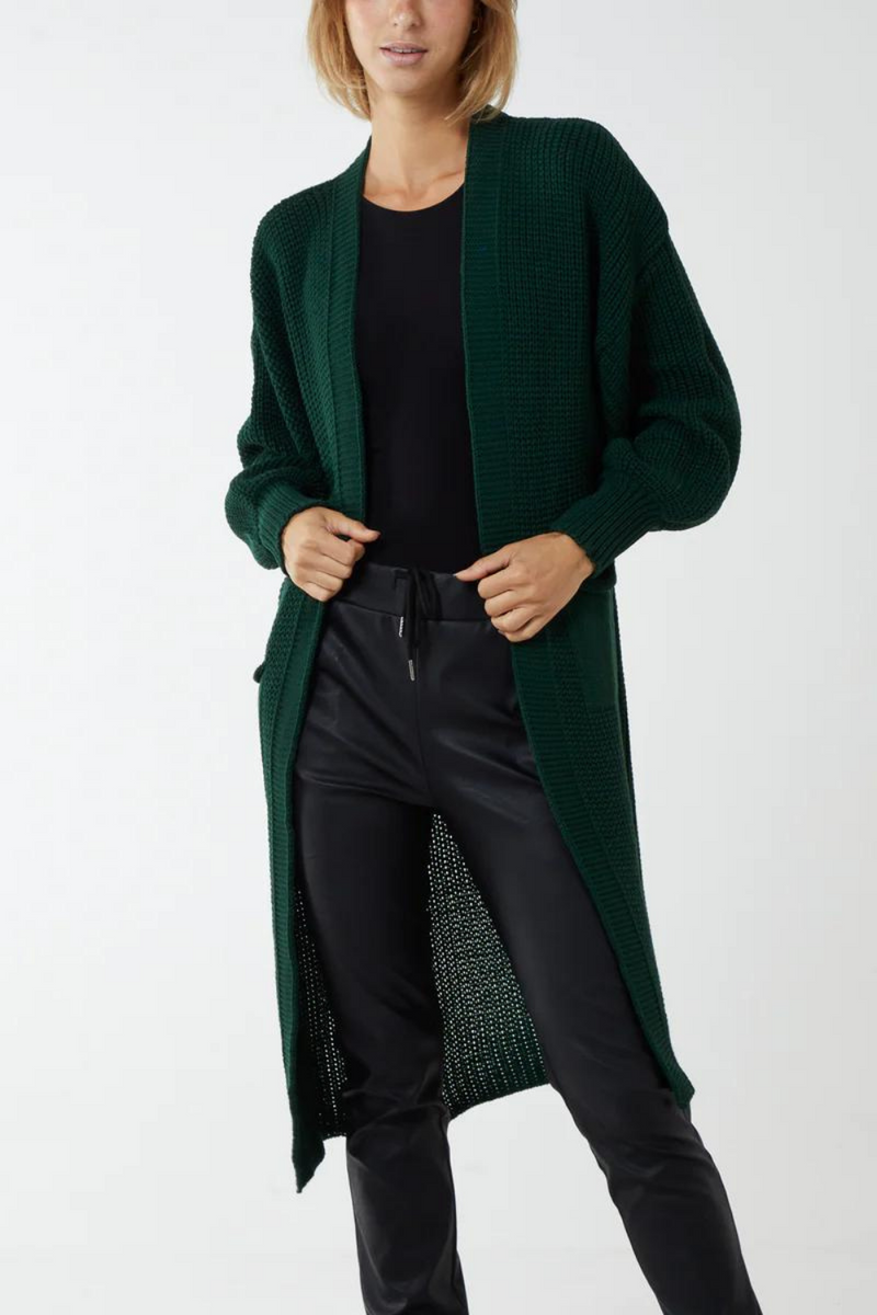 Oversized Long Sleeves Midi Knitted Cardigan with Pocket Details in Bottle Green