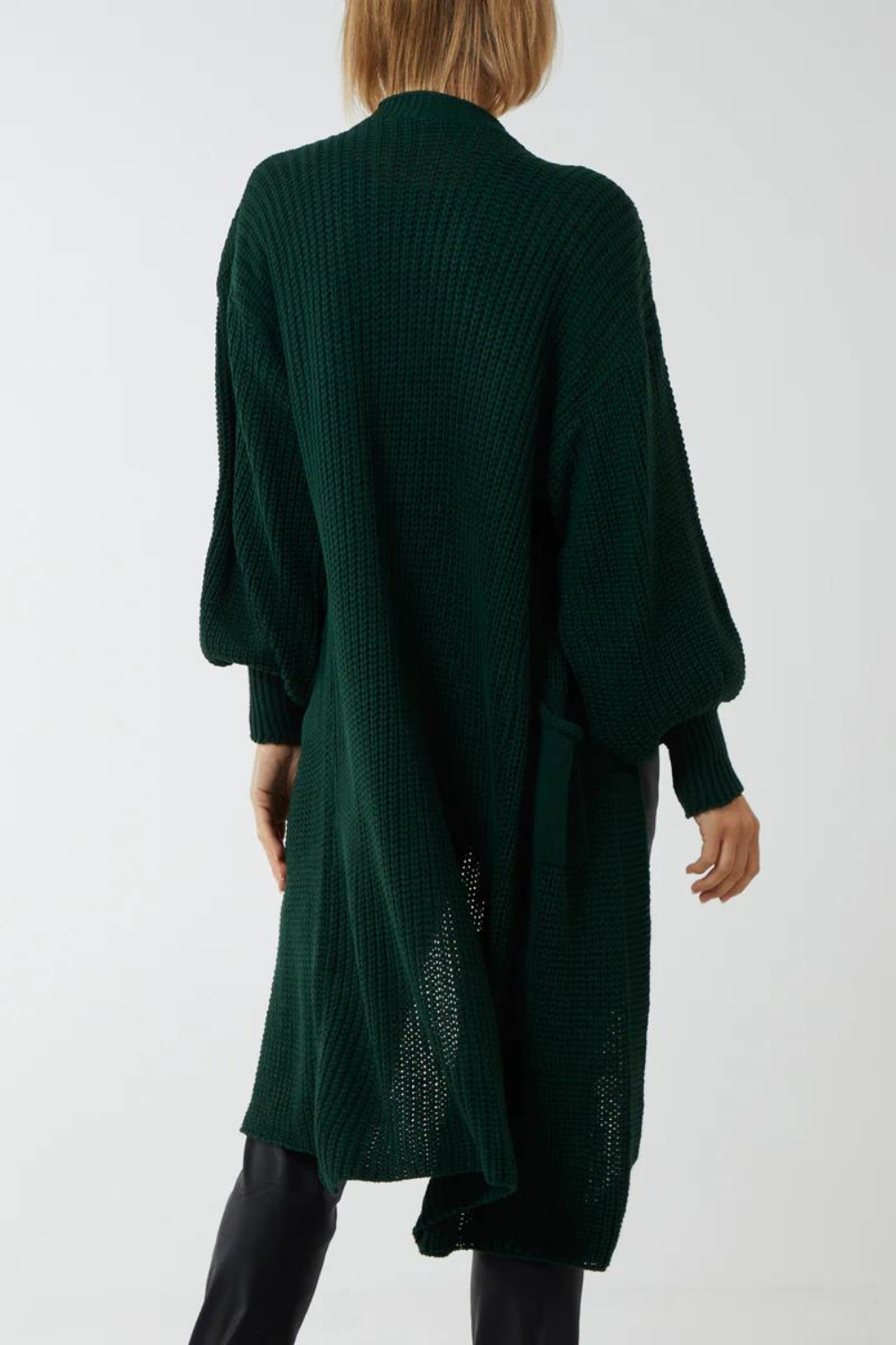 Oversized Long Sleeves Midi Knitted Cardigan with Pocket Details in Bottle Green