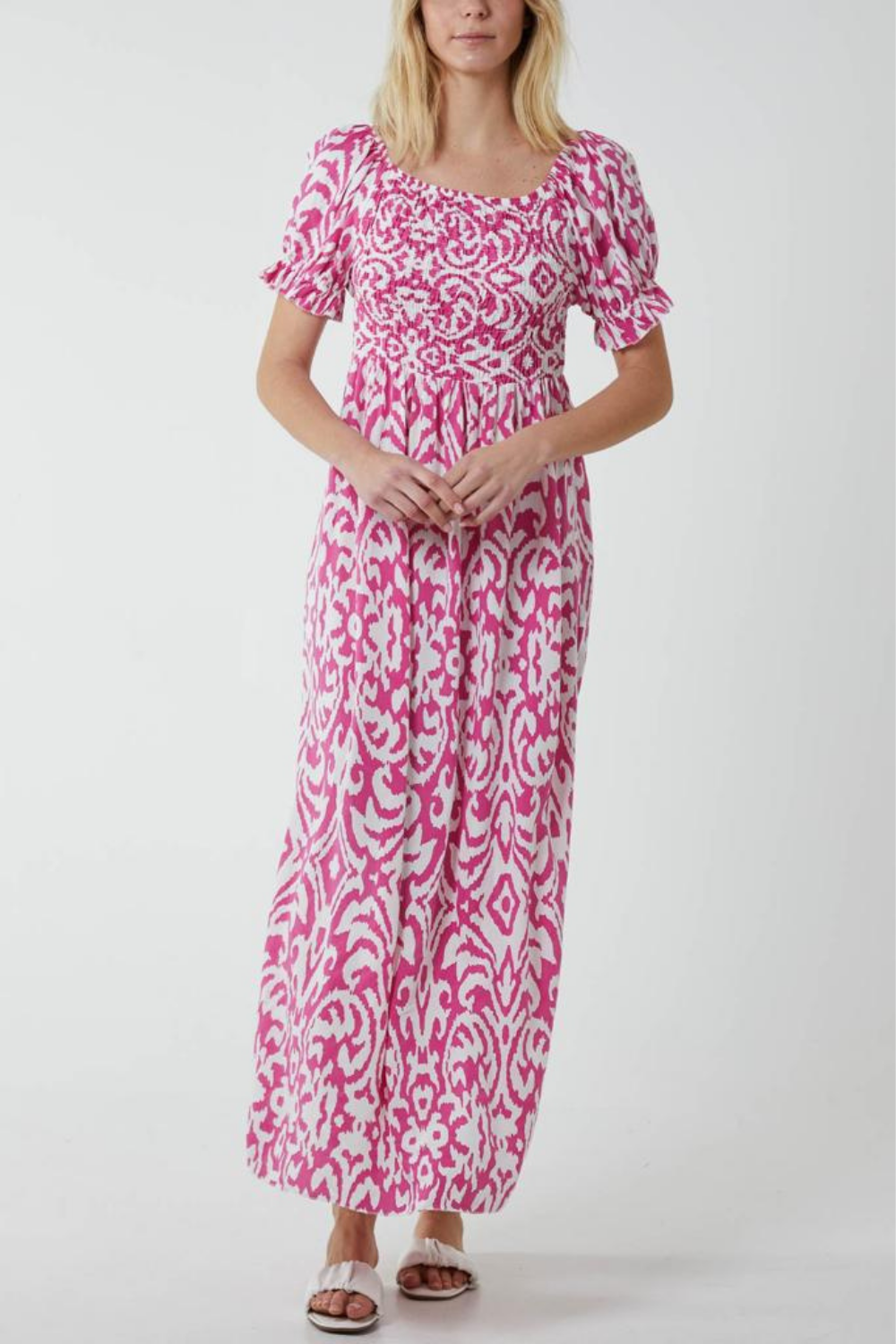 Relaxed Fit Geometric Printed Maxi Dress in White and Pink with Shirred Details