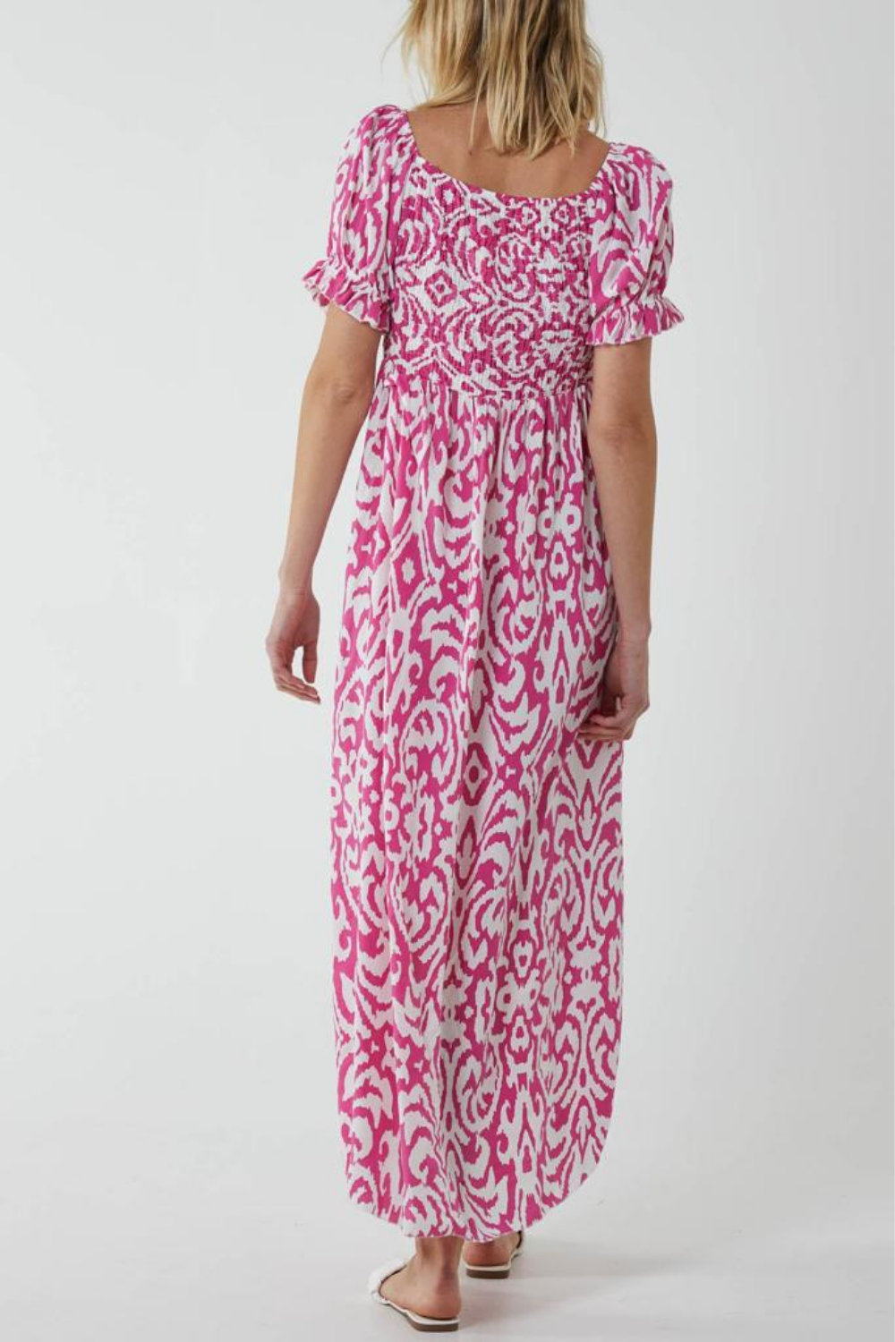 Relaxed Fit Geometric Printed Maxi Dress in White and Pink with Shirred Details