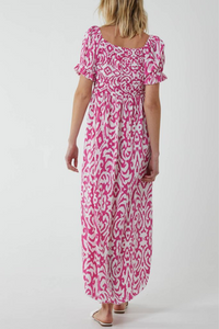 Relaxed Fit Geometric Printed Maxi Dress in White and Pink with Shirred Details