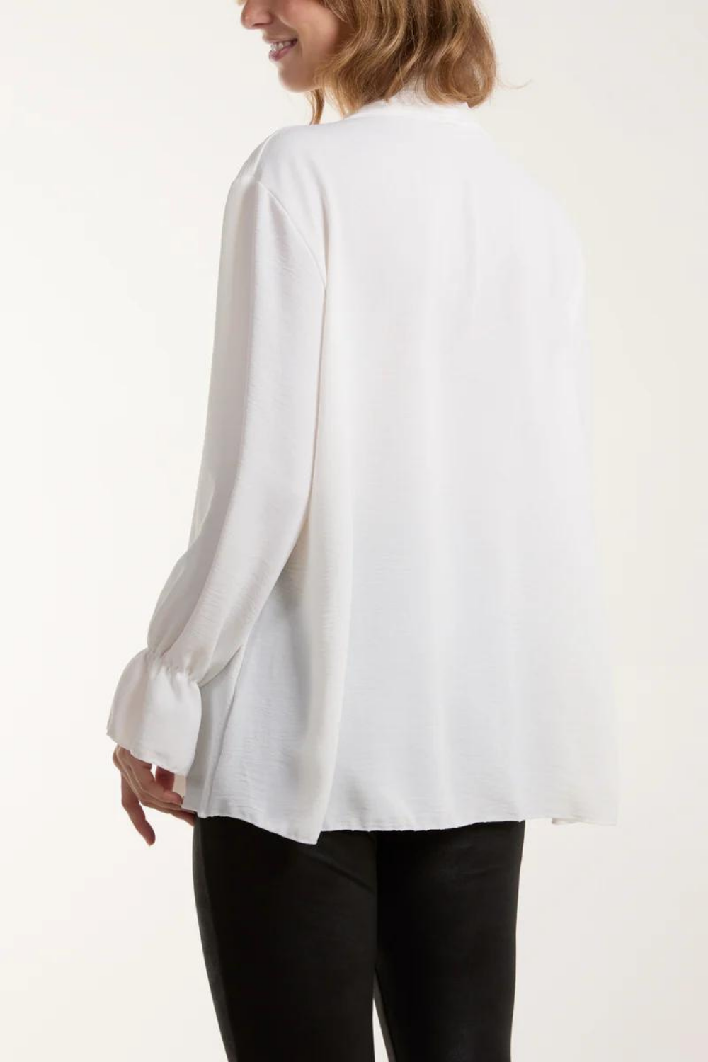 Relaxed Fit Pleated Tie Neck Long Bell Sleeves Blouse in White