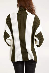 Oversized Roll Neck Detailed Vertical Striped Jumper in Khaki and White