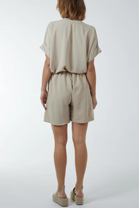 Oversized V Neck Short Sleeves Top and Shorts Co-ord Set in Beige