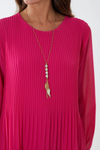 Oversized Long Sleeves Pleated Top with Tulle Details in Pink with Necklace