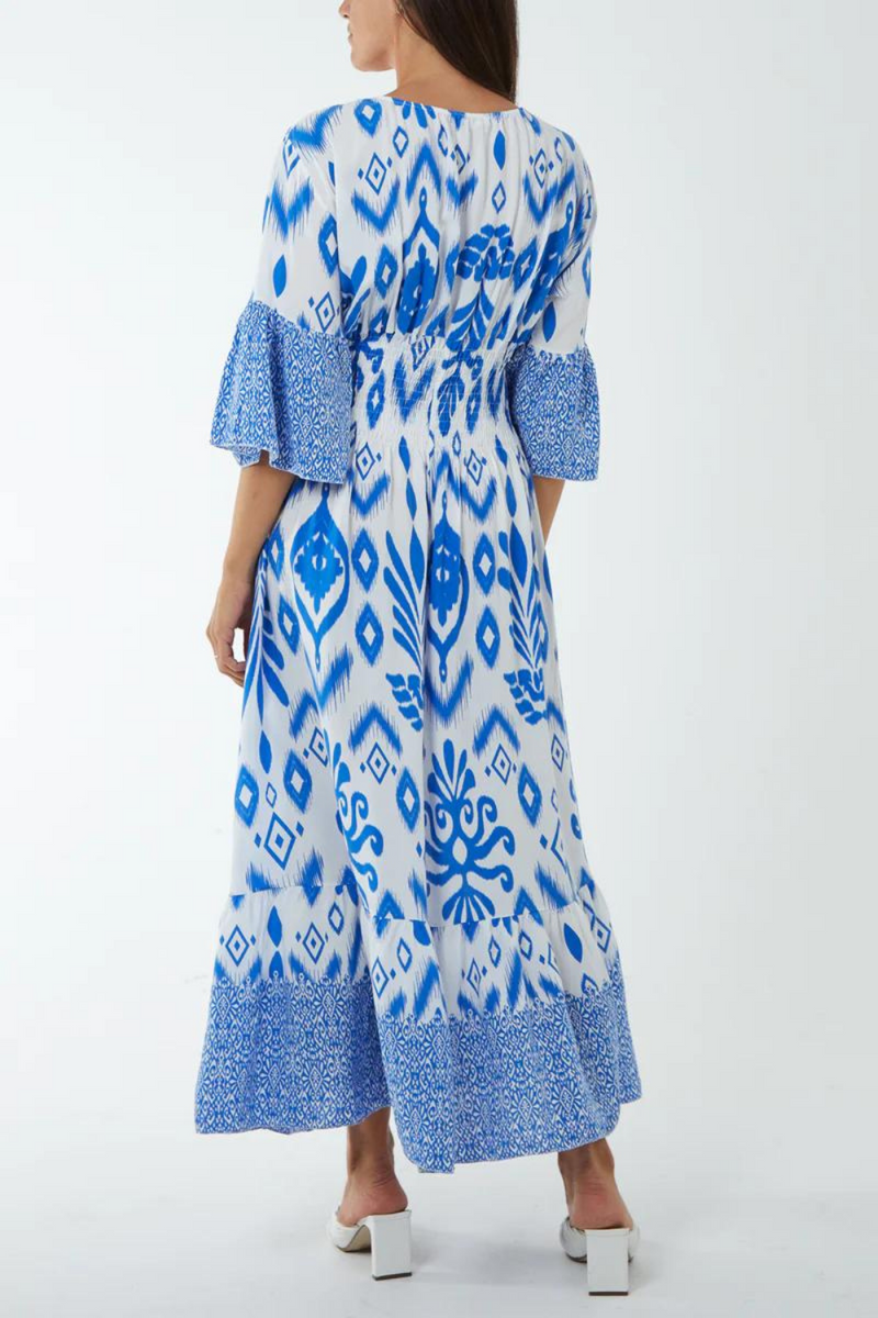 Oversized Flutter Sleeves Shirred Waist Geometrical Print V Neck Maxi Dress in Blue and White