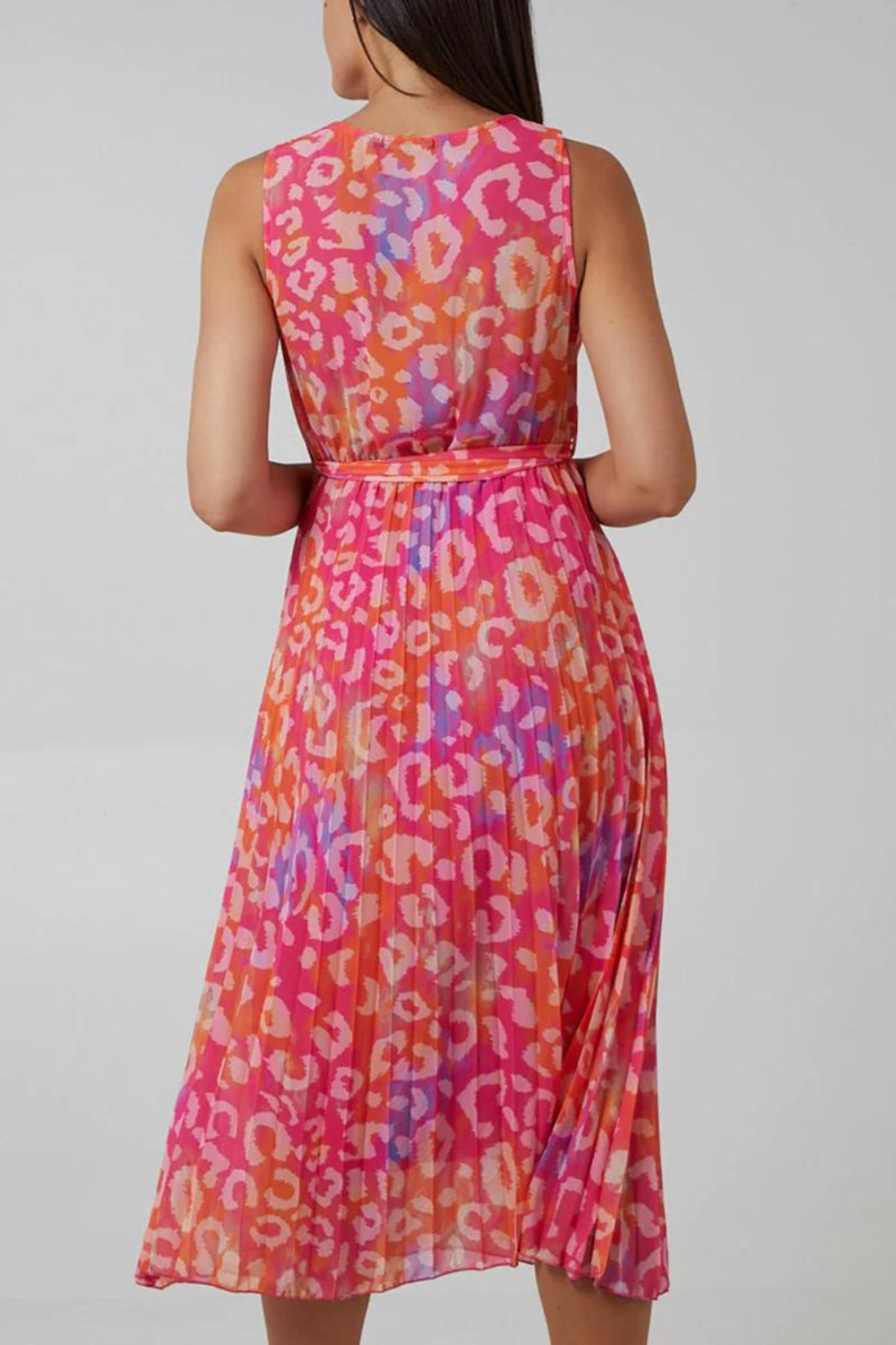 Wrap Front Multi Coloured Lilac and Orange Leopard Print Maxi Dress with Pleat Details in Pink