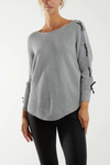 Oversized Knitted Long Sleeves Jumper with Ribbon Details in Grey