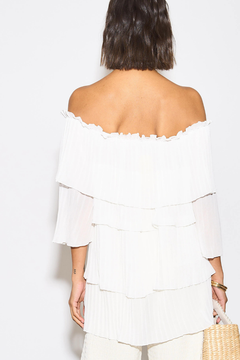 Relaxed Fit Off Shoulder Pleated Layer Detailed Blouse Top in White