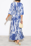 Oversized Shirred Waist Flutter Sleeve V Neck Maxi Dress with Tie Dye Print Details in White and Navy