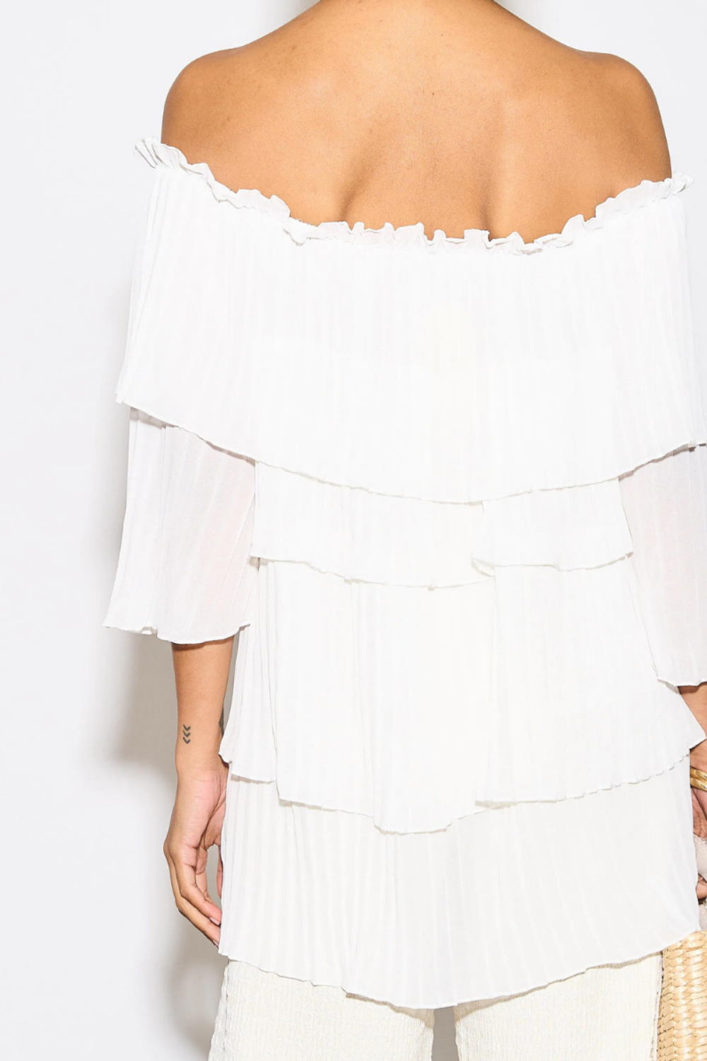 Relaxed Fit Off Shoulder Pleated Layer Detailed Blouse Top in White