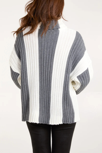 Oversized Roll Neck Detailed Vertical Striped Jumper in Grey and White