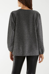 Long Sleeve Round Neck Pleated Top in Silver Glitter with Necklace
