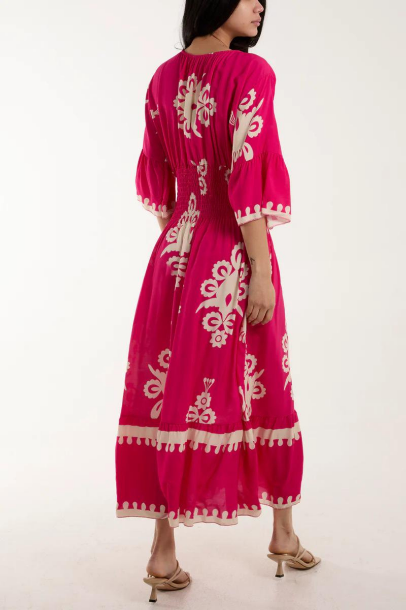 Relaxed Fit 3/4 Sleeves V Neck Printed Maxi Dress in Fuchsia