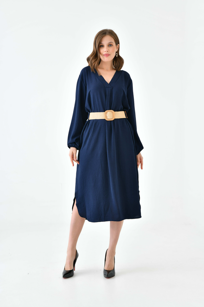 Oversized Long Sleeves V Neck Midi Dress with Matching Belt in Navy
