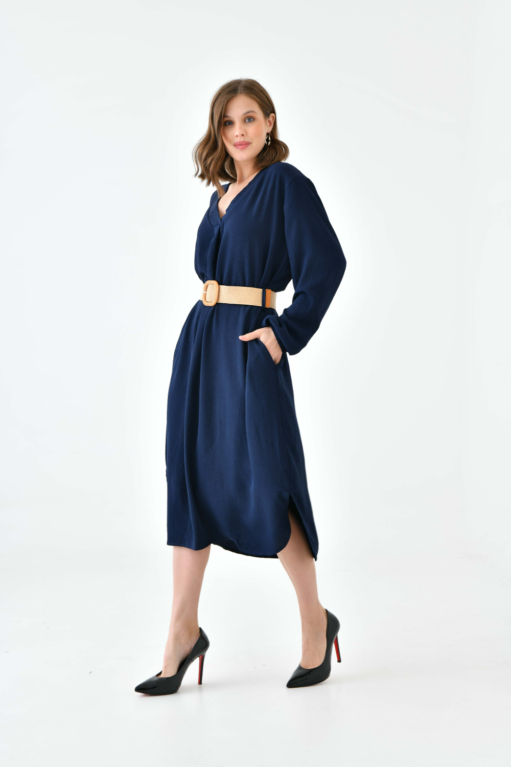 Oversized Long Sleeves V Neck Midi Dress with Matching Belt in Navy