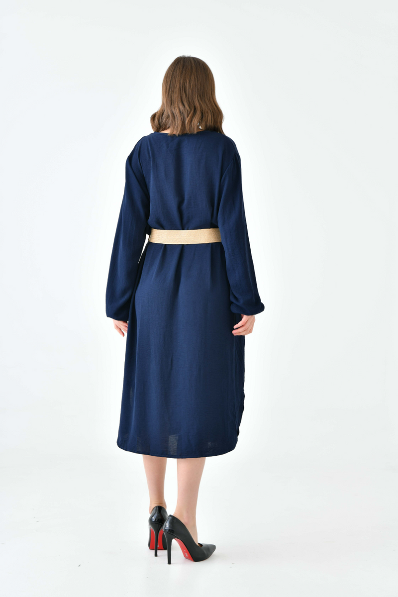 Oversized Long Sleeves V Neck Midi Dress with Matching Belt in Navy