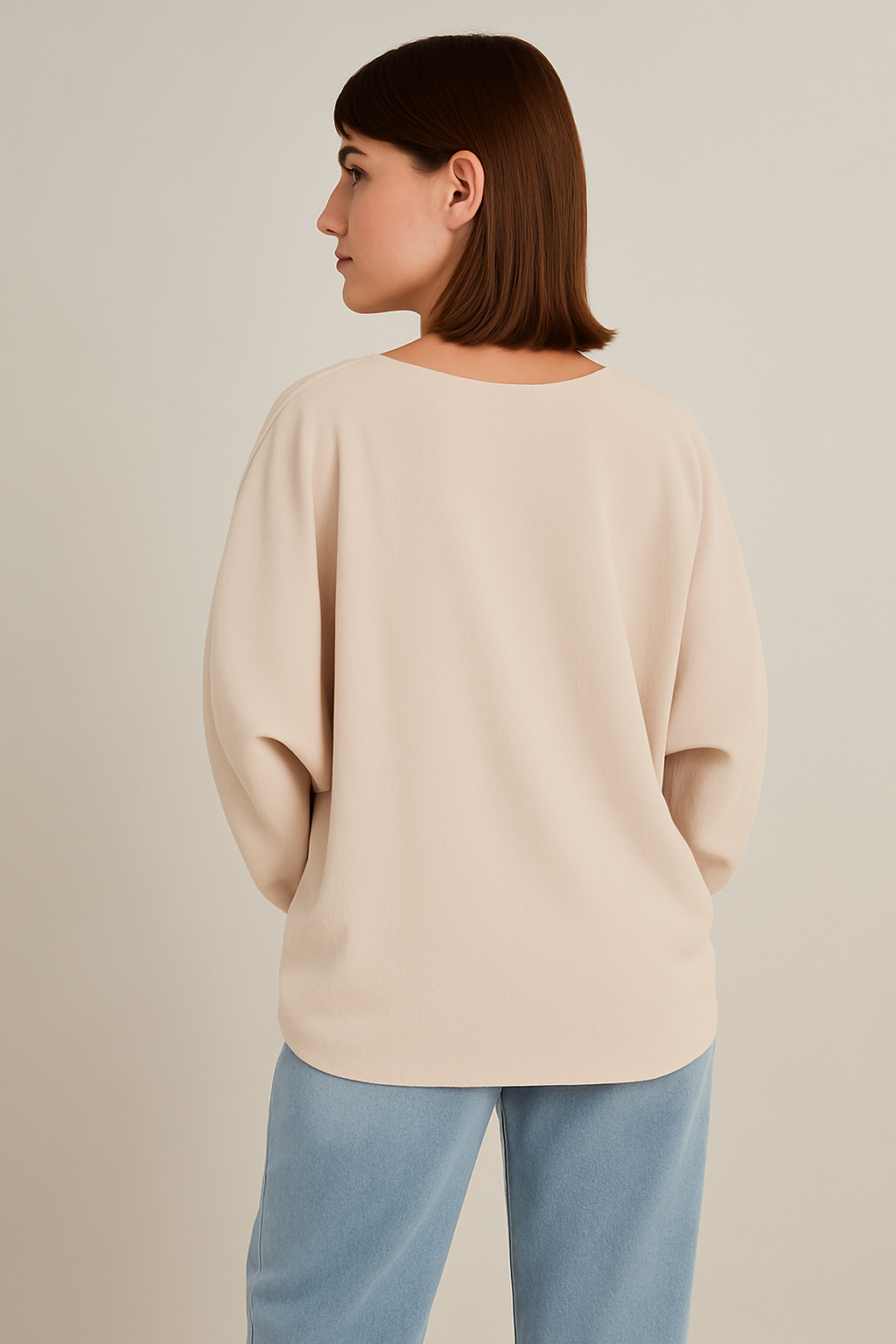 Oversized V Neck Tie Detailed Long Sleeves Blouse in Beige