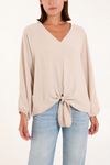 Oversized V Neck Tie Detailed Long Sleeves Blouse in Beige