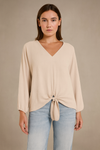 Oversized V Neck Tie Detailed Long Sleeves Blouse in Beige