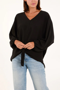 Oversized V Neck Tie Detailed Long Sleeves Blouse in Black