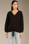Oversized V Neck Tie Detailed Long Sleeves Blouse in Black