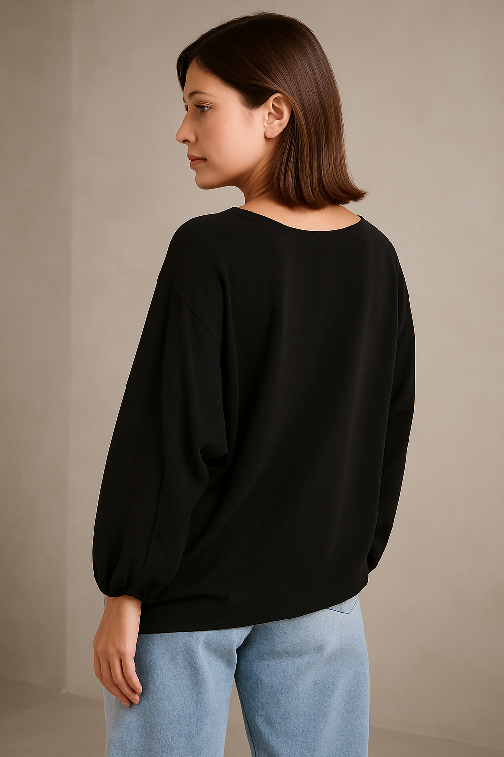 Oversized V Neck Tie Detailed Long Sleeves Blouse in Black