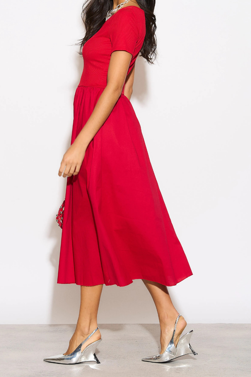 Relaxed Fit Short Sleeves Midi Dress in Red