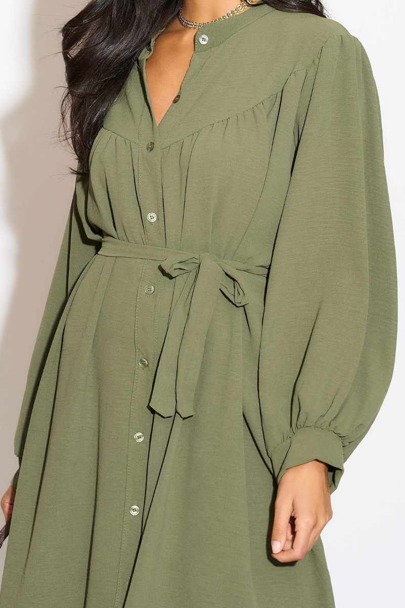 Relaxed Fit Shirt Midi Dress with Belt in Khaki