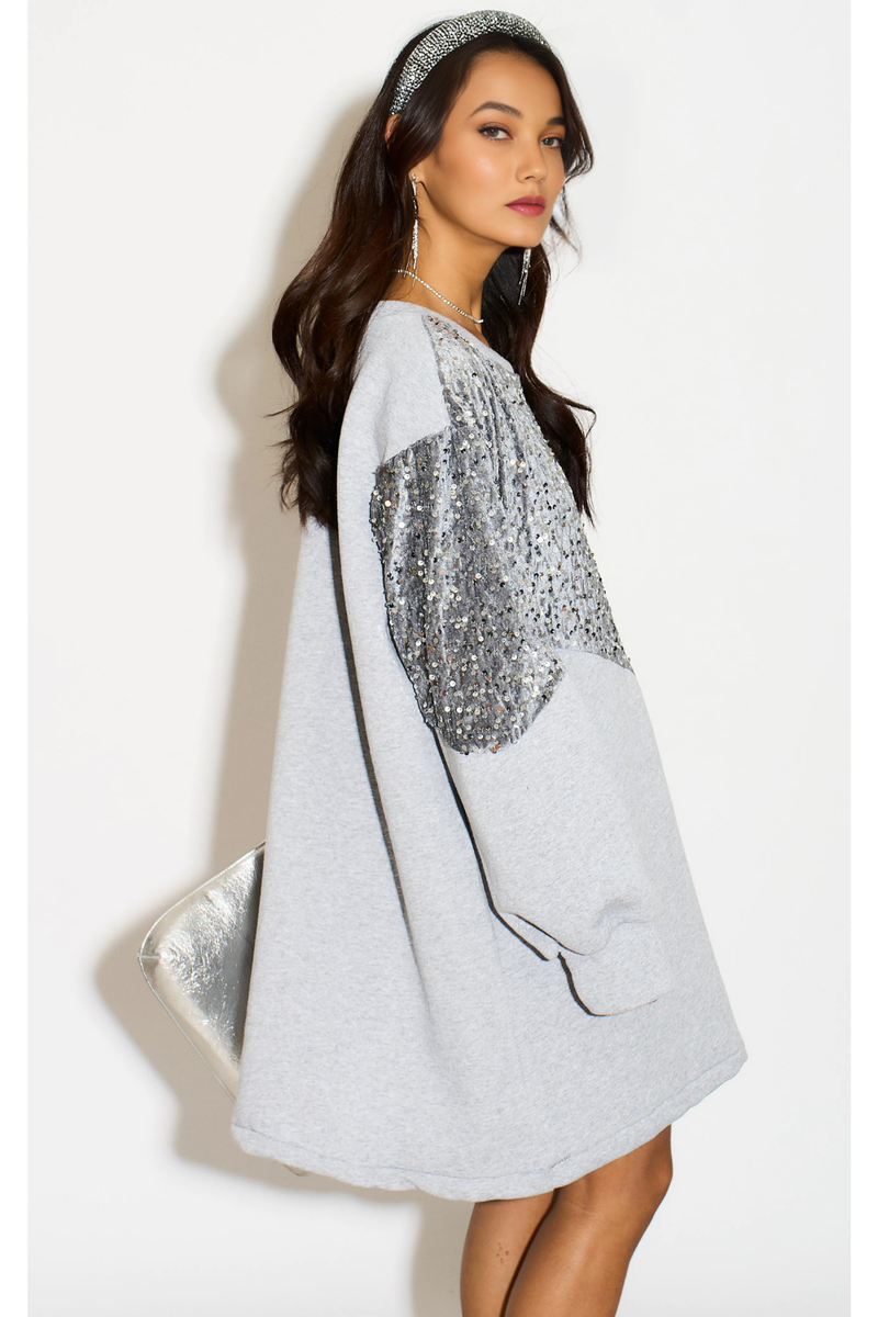 Long Sleeves Oversized Sweatshirt with Sequin in Grey