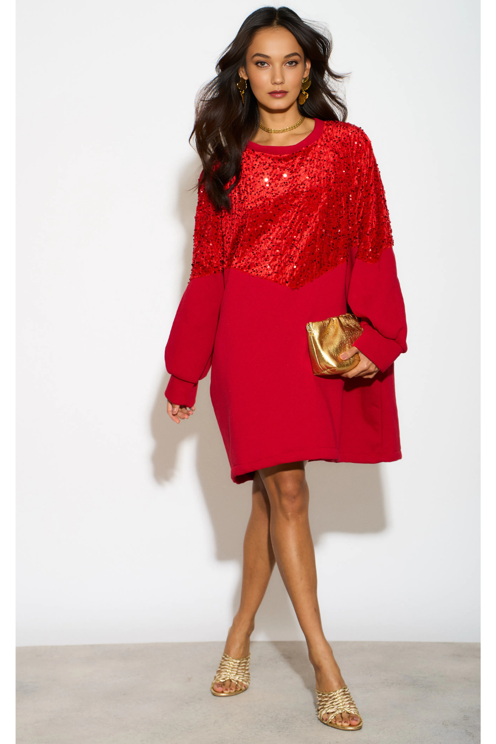 Long Sleeves Oversized Sweatshirt with Sequin in Red