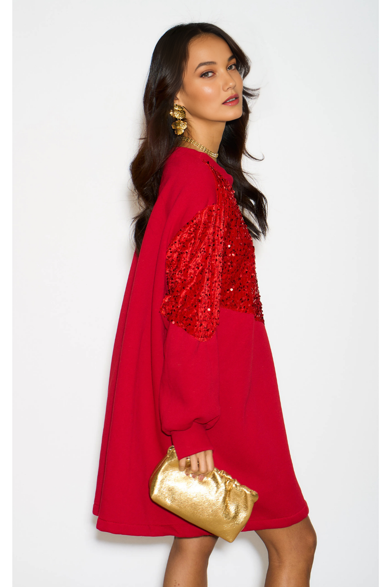 Long Sleeves Oversized Sweatshirt with Sequin in Red