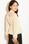 Relaxed Fit Lace Detail Tie Neck Blouse in Beige