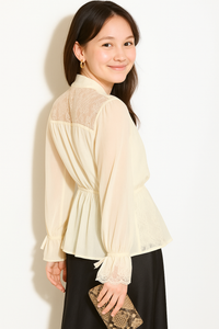 Relaxed Fit Lace Detail Tie Neck Blouse in Beige
