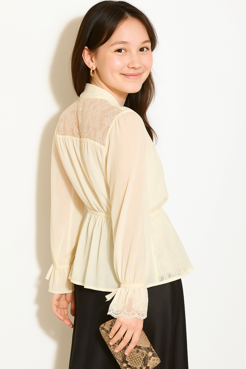 Relaxed Fit Lace Detail Tie Neck Blouse in Beige