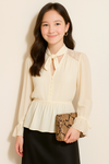 Relaxed Fit Lace Detail Tie Neck Blouse in Beige