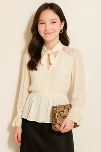 Relaxed Fit Lace Detail Tie Neck Blouse in Beige