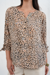 Oversized Leopard Print V-Neck Button Details Blouse with 3/4 Tie Sleeves