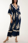 Relaxed Fit 3/4 Sleeves V Neck Printed Maxi Dress in Navy